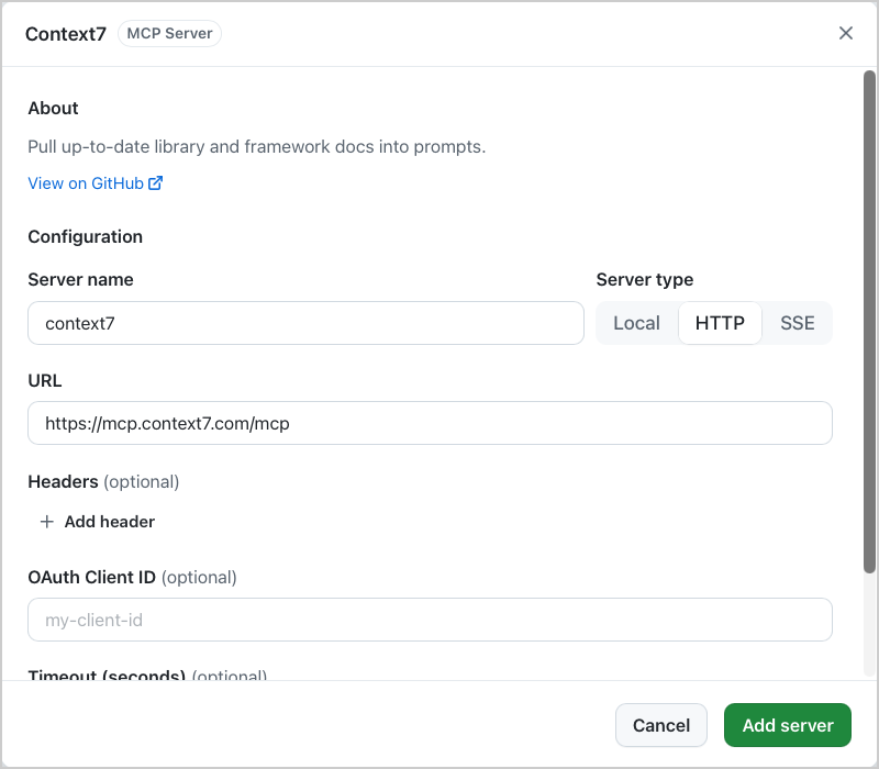 Context7 MCP server dialog with server name context7, HTTP selected, and URL https://mcp.context7.com/mcp